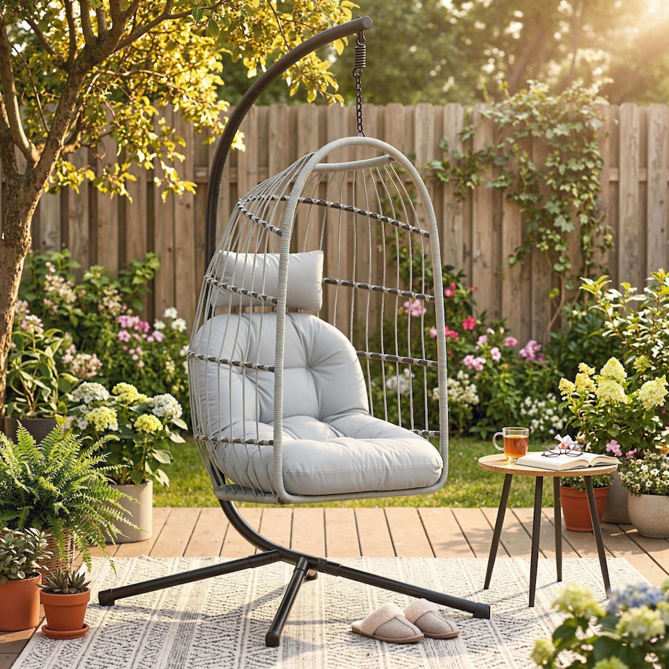 image 1 of Outsunny Hanging Egg Chair, Outdoor Swing Chair with Stand, Light Grey | Grey | Light Grey | One Size