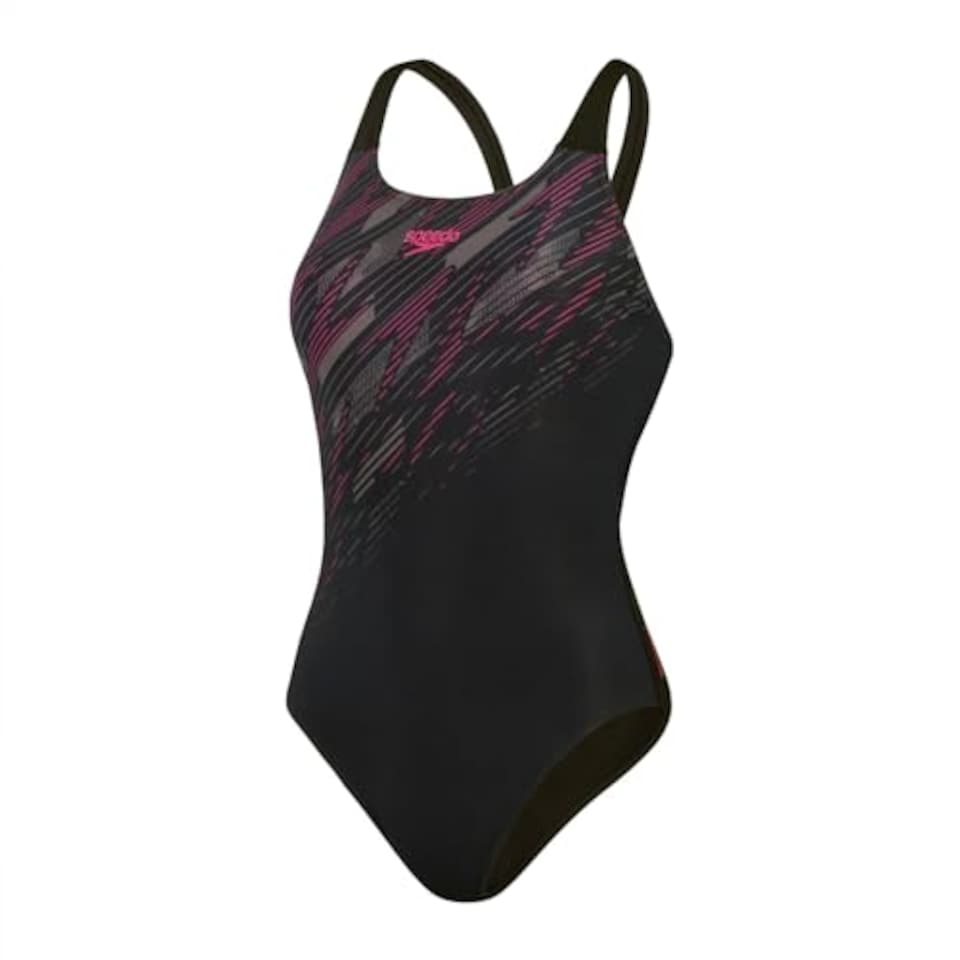 image 1 of Speedo Womens Hyperboom Placement Muscleback Swimsuit Black/Pink/Charcoal Size 32