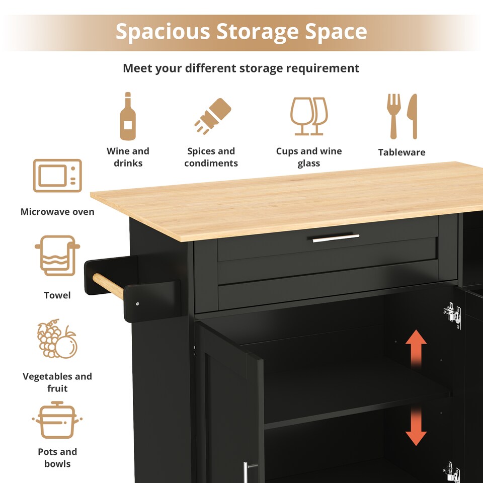 image 1 of VILUXE Mobile Kitchen Island with Foldable Worktop, Drawer, Adjustable Cabinets, 3 Door Spice Racks, Towel Rail and 5 Wheels, Black and Natural Wood