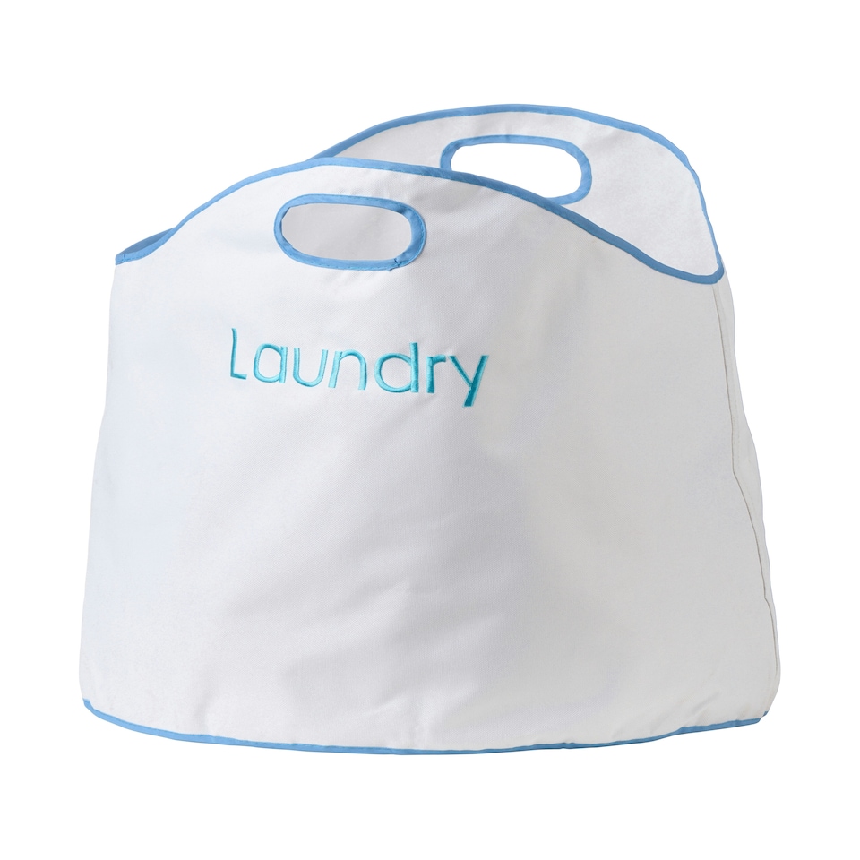image 1 of Interiors by Premier Laundry Bag With Blue Trim, Durable Fabric Hamper With Drawstring Closure And Handles, Lightweight And White