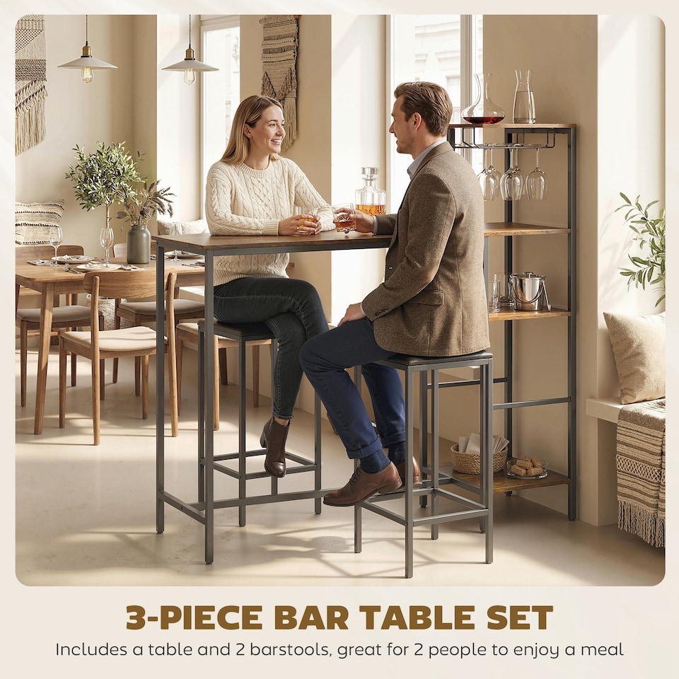 image 1 of HOMCOM 3Pcs Breakfast Bar Table and Stools Set 4-tier shelving | Black | Rustic Brown, Black | Table: 122W x 39.5D x 122.3H cm; Stool: 30.5W x 30.5D x 60H cm