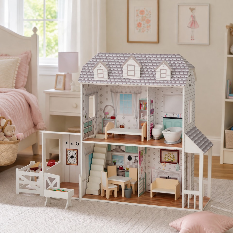 image 1 of Teamson Kids 2-Story Wooden Dollhouse with Stable, Grey, Farmhouse