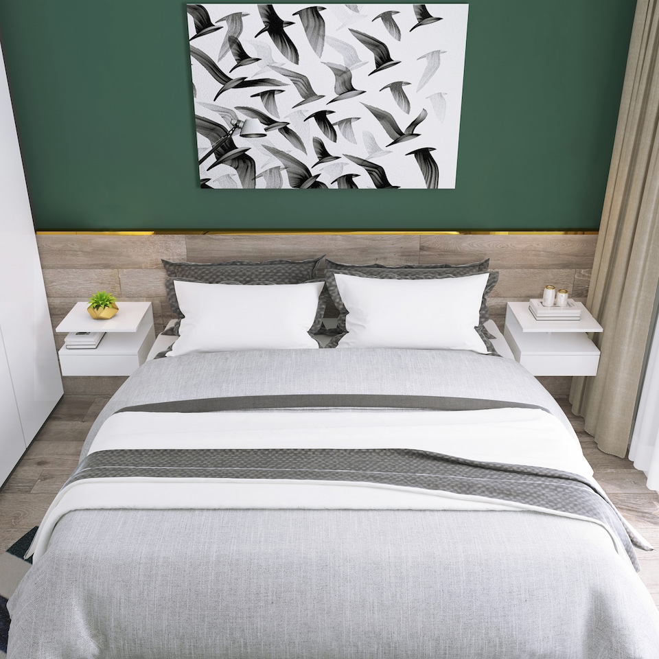 image 1 of HOMCOM Floating Bedside Table Set of 2, Wall Mount Nightstands with Storage Drawer and Open Shelf for Bedroom, White