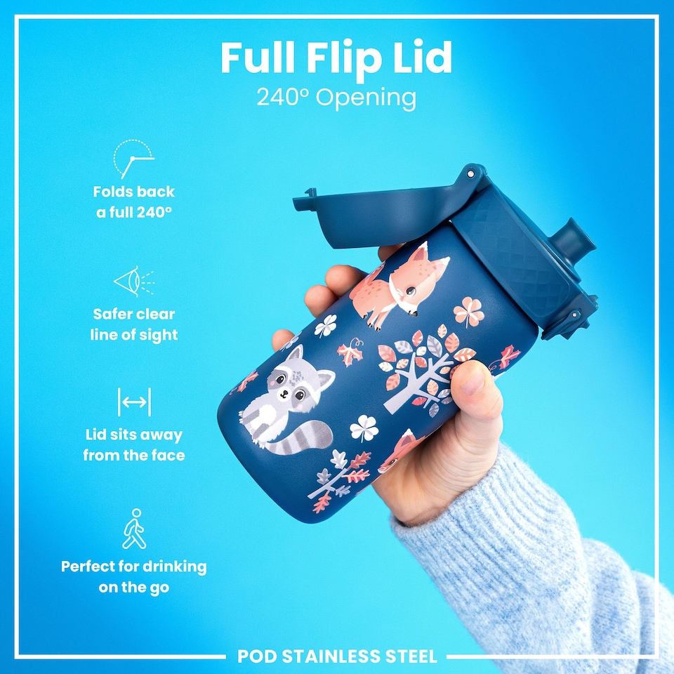 image 1 of Leak Proof Kids Water Bottle, Stainless Steel, 400ml (13oz) | Blue | Forest Animals | One Size