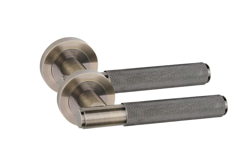 image 1 of Golden Grace 5 Sets Straight T-Bar Knurled Door Handles in Antique Brass Finish with Tubular Latch and 1 Pair of 3" Ball Bearing Hinges | Bronze | 5 Set