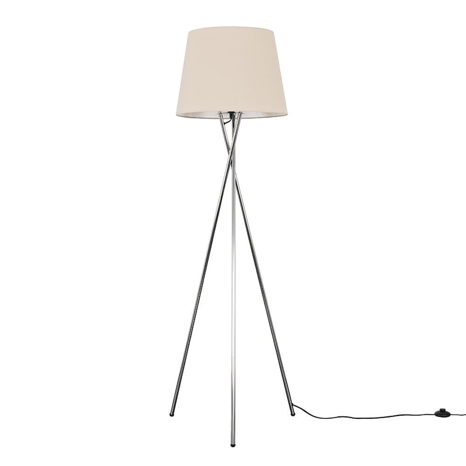 image 1 of ValueLights Camden Chrome Tripod Floor Lamp & Beige Taper Shade & Bulb | Cream