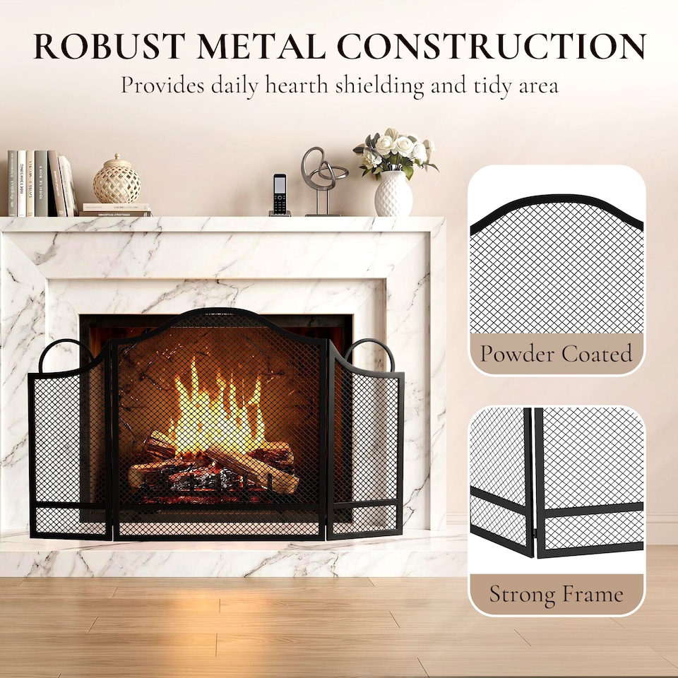 image 1 of HOMCOM Floral 3-Panel Folding Fireplace Screen for Protection, Black