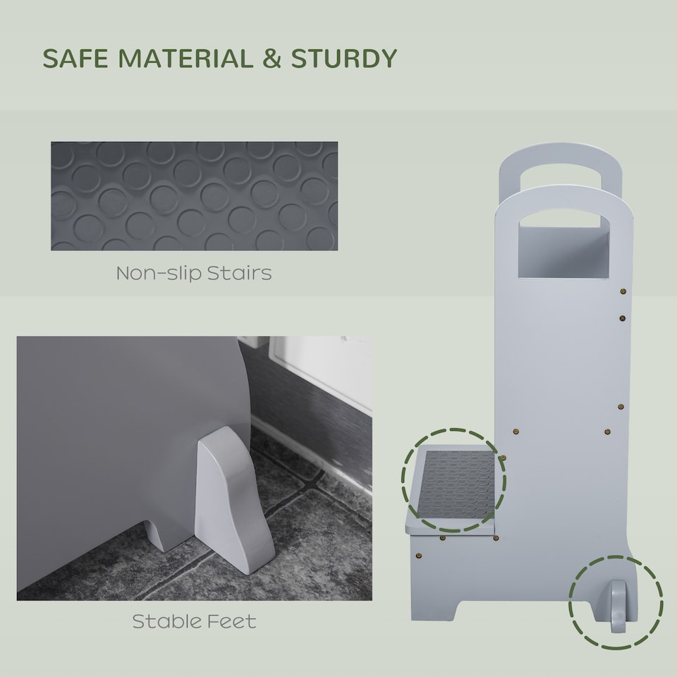 image 1 of HOMCOM Kids Wooden 2-Step Stool Mini Ladder Assistance Unit Non-Slip Panels | Grey