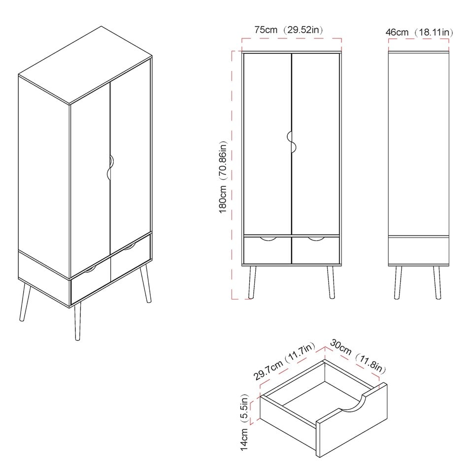 image 1 of Malmo 2 Door 2 Drawer Wardrobe with Scandi Legs Cupboard Hanging Rail 180cm | Multi | Grey Ash Grey | 1