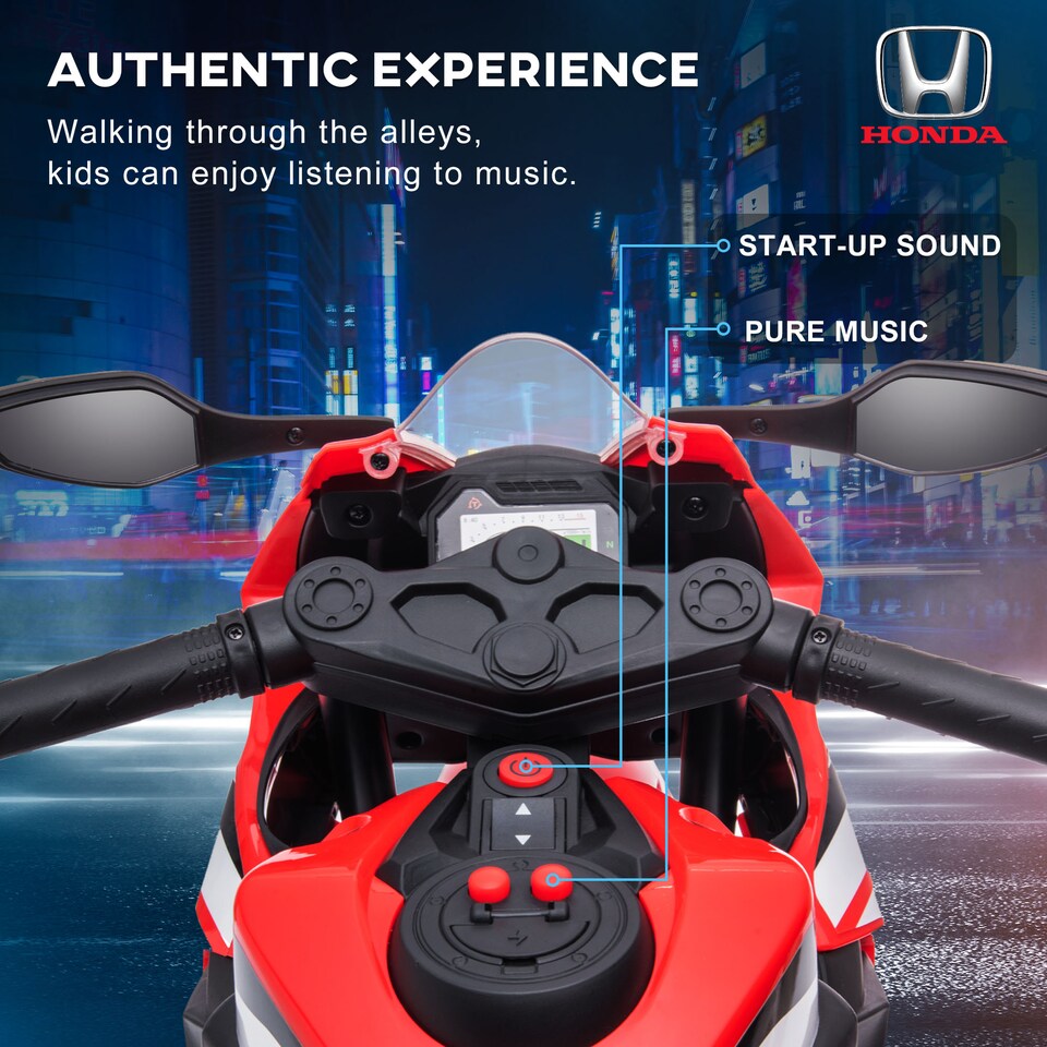 image 1 of HOMCOM Honda Licensed 6V Kids Electric Motorbike Ride On Motorcycle Vehicle with Headlights, Music, Training Wheels, for Ages 3-5 Years Red