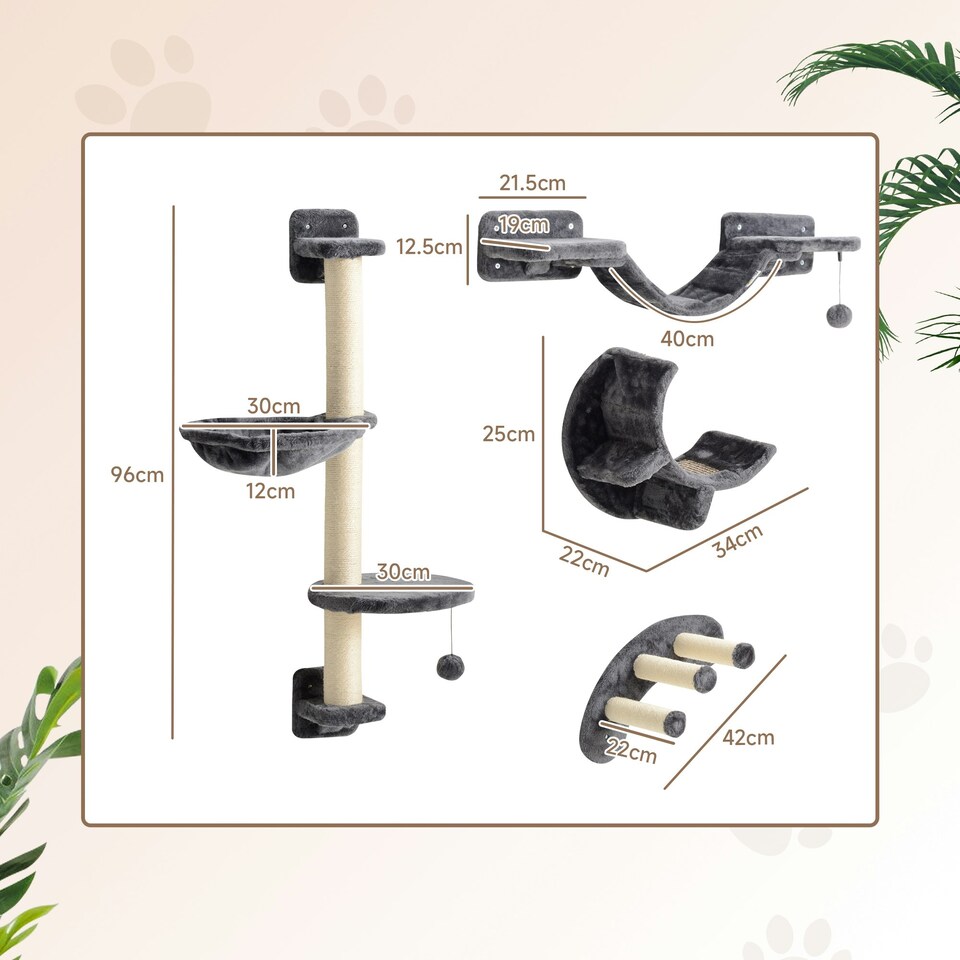 image 1 of PawHut 4-Piece Cat Wall Furniture w/ Hammock, Ladder, Platforms