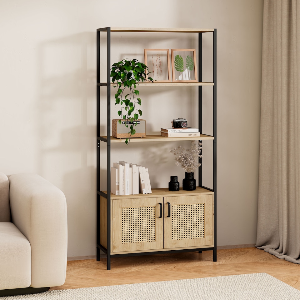 image 1 of Vonhaus Lena Rattan Effect Bookcase with 3 Open Shelves for Living Room | Brown