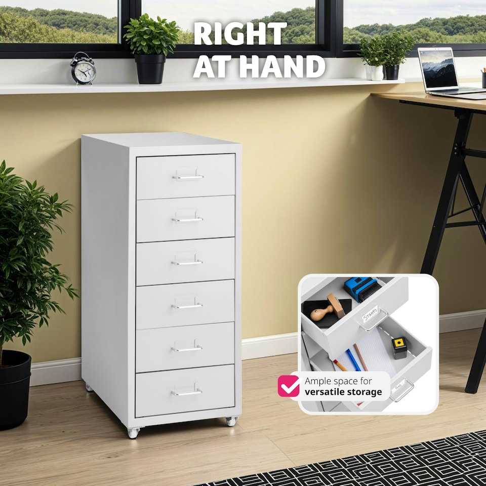 image 1 of Filing Cabinet - made of steel, 4 wheels, 6 drawers, label holders, easy assembly Grey | Light Grey
