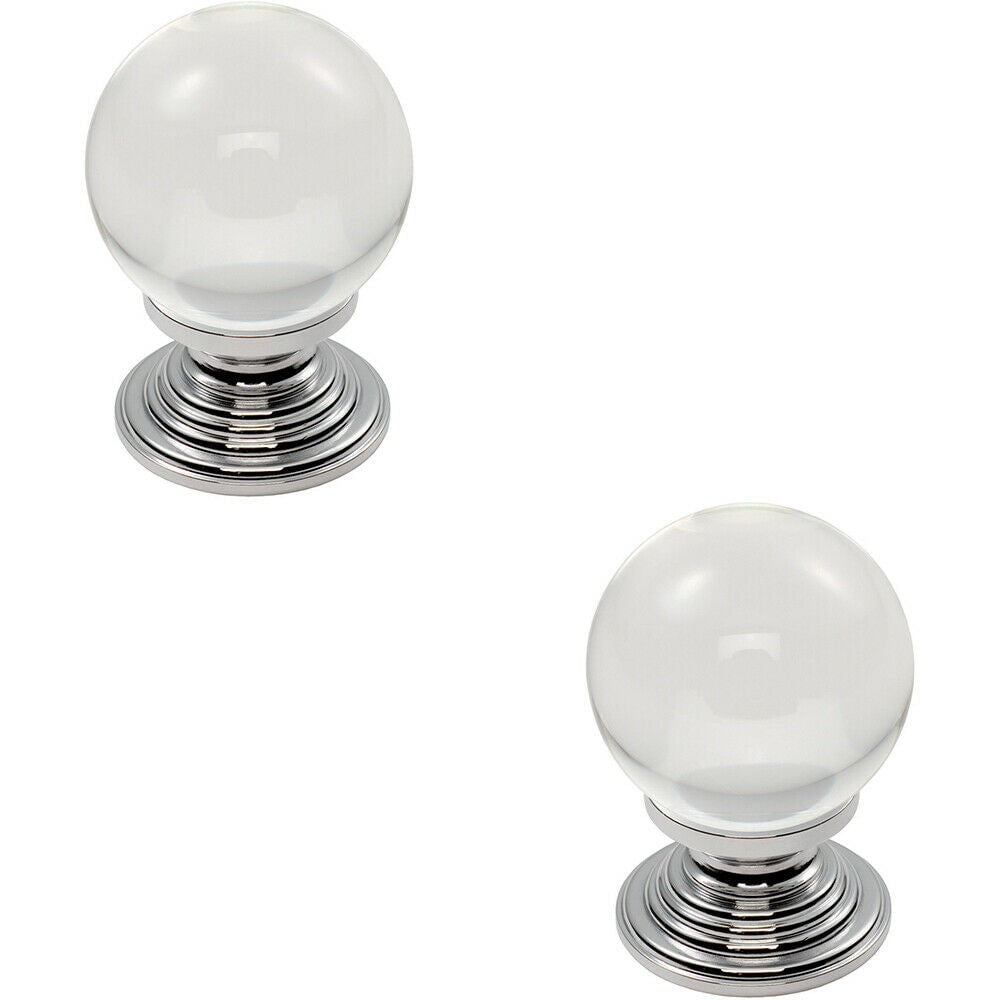 Loops 2x Crystal Ball Cupboard Door Knob 34mm Diameter Clear Translucent & Chrome