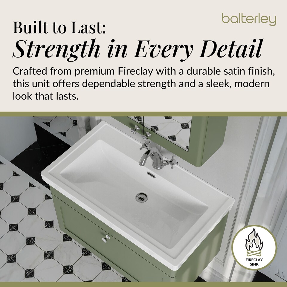 image 1 of Bathroom Wall Hung 1-Drawer Vanity Unit & Fireclay Basin, Green, 800mm | Green | Satin Green | 470 x 830 x 496mm