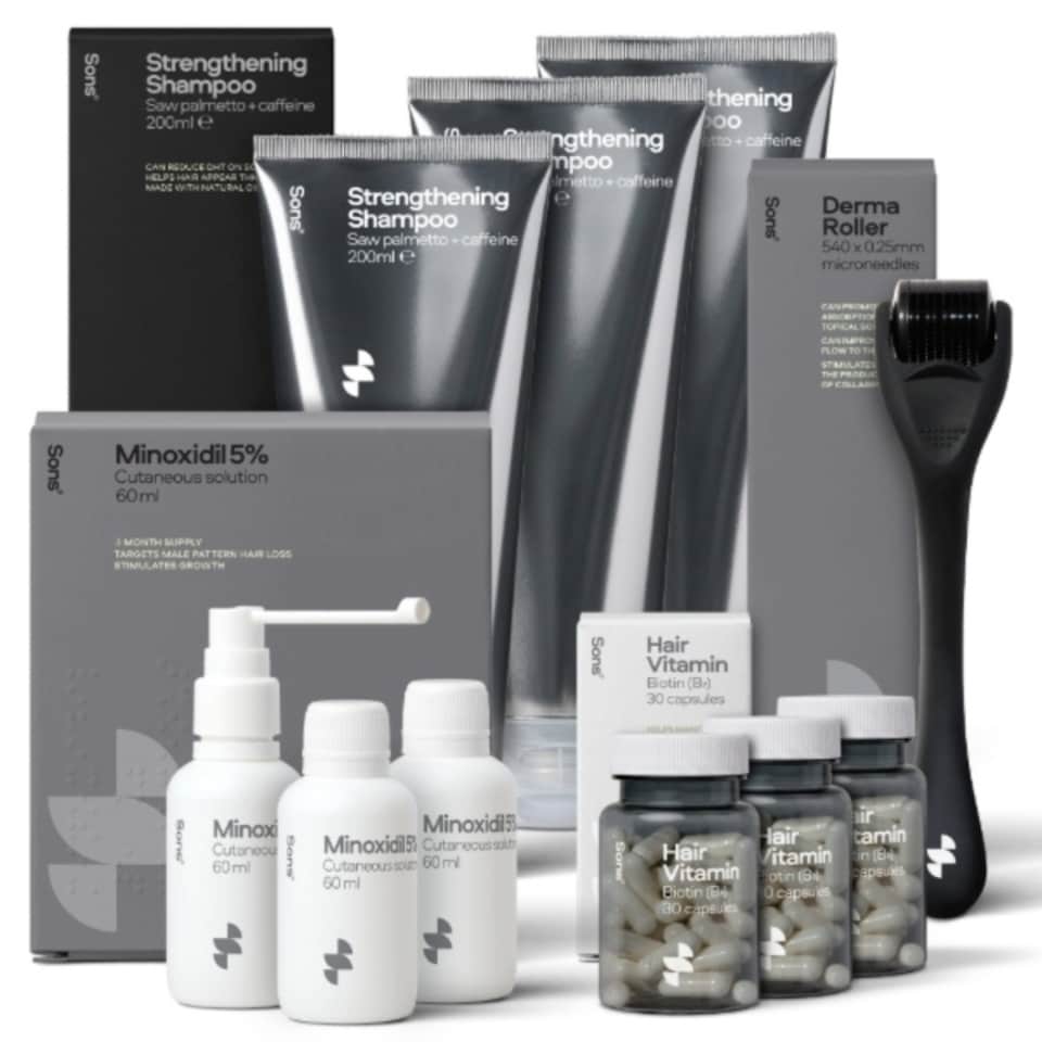 image 1 of Sons Complete Hair Loss Treatment with Minoxidil 5% Spray, Strenghtening Shampoo, Biotin & Dermaroller, 3 Month Supply