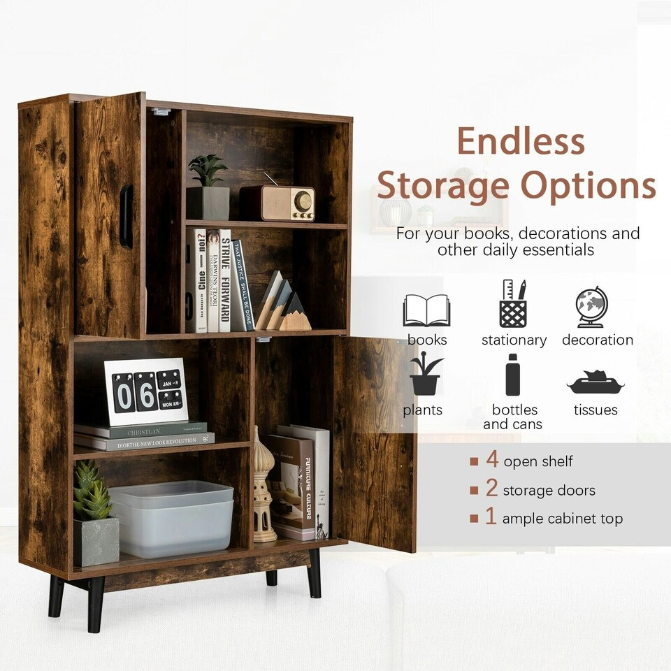 image 1 of COSTWAY Freestanding Wooden Sideboard Storage Cabinet with 2 Doors Brown