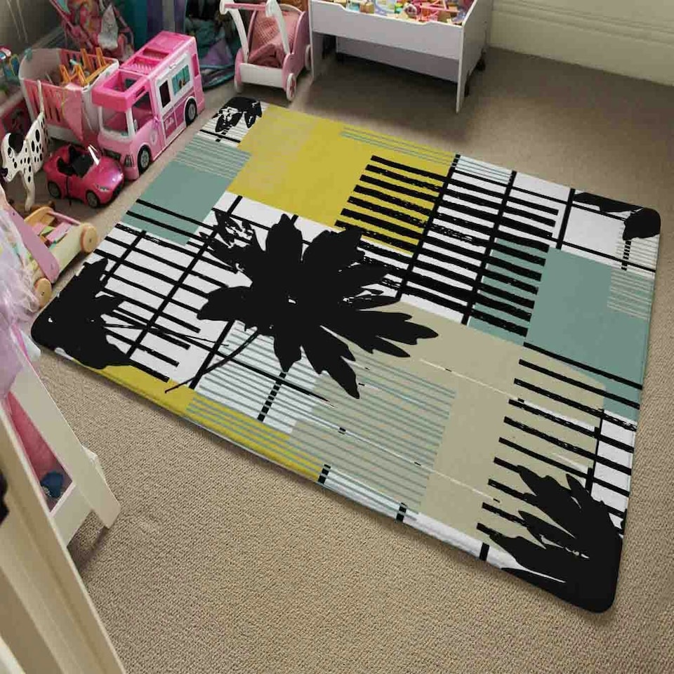 image 1 of Geometric Shape & Leaf Print in Yellow & Green (Rug) Yellow | Large: 140x200cm