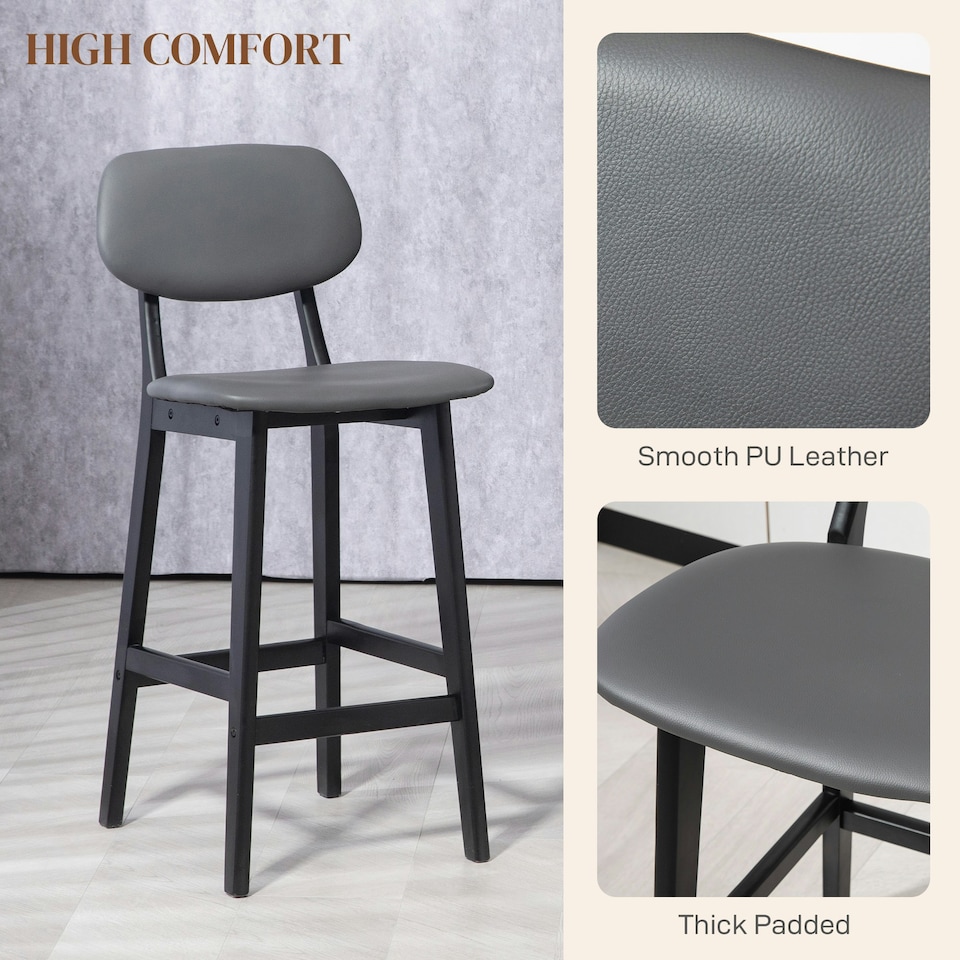 image 1 of HOMCOM Breakfast Bar stools Set of 2 with PU Leather Cover, Wood Legs, Dark Grey