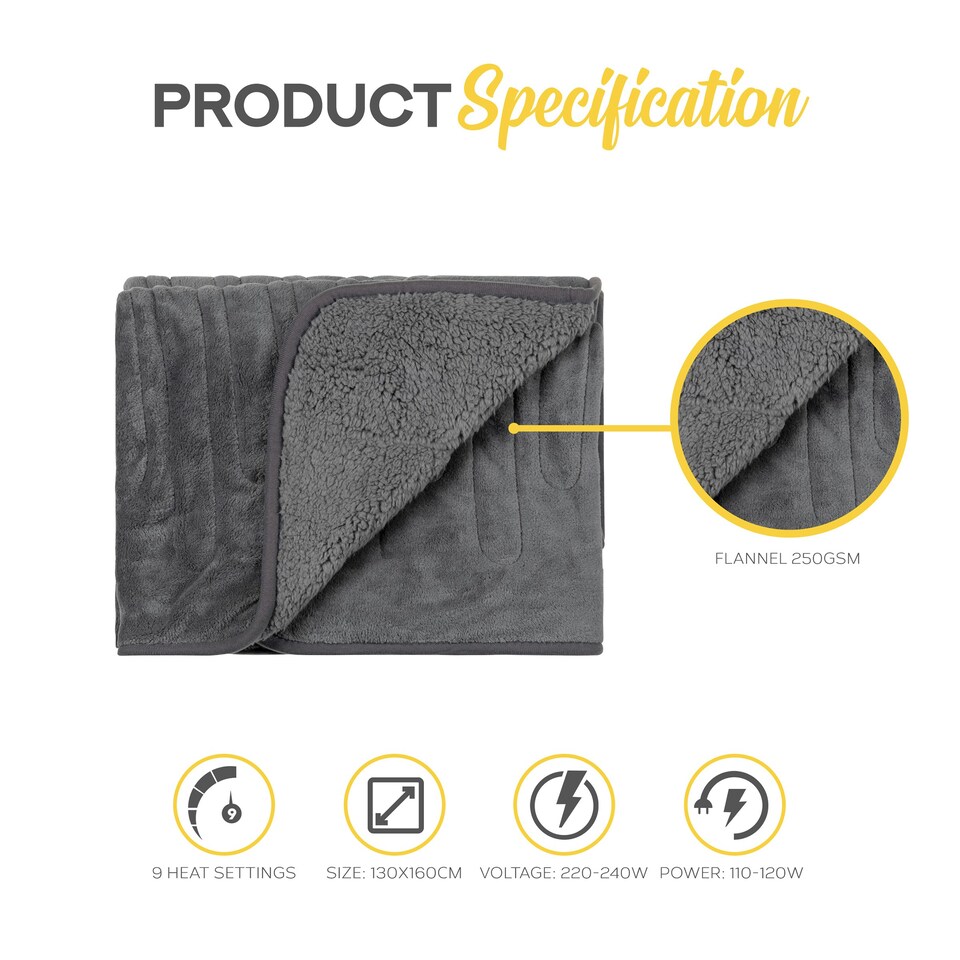image 1 of MONHOUSE Heated Throw - Electric Blanket - Digital Controller - Timer up to 9 hours, 9 Heat Settings, Auto Shutoff - Single 130X160cm - Dark Grey Shearling