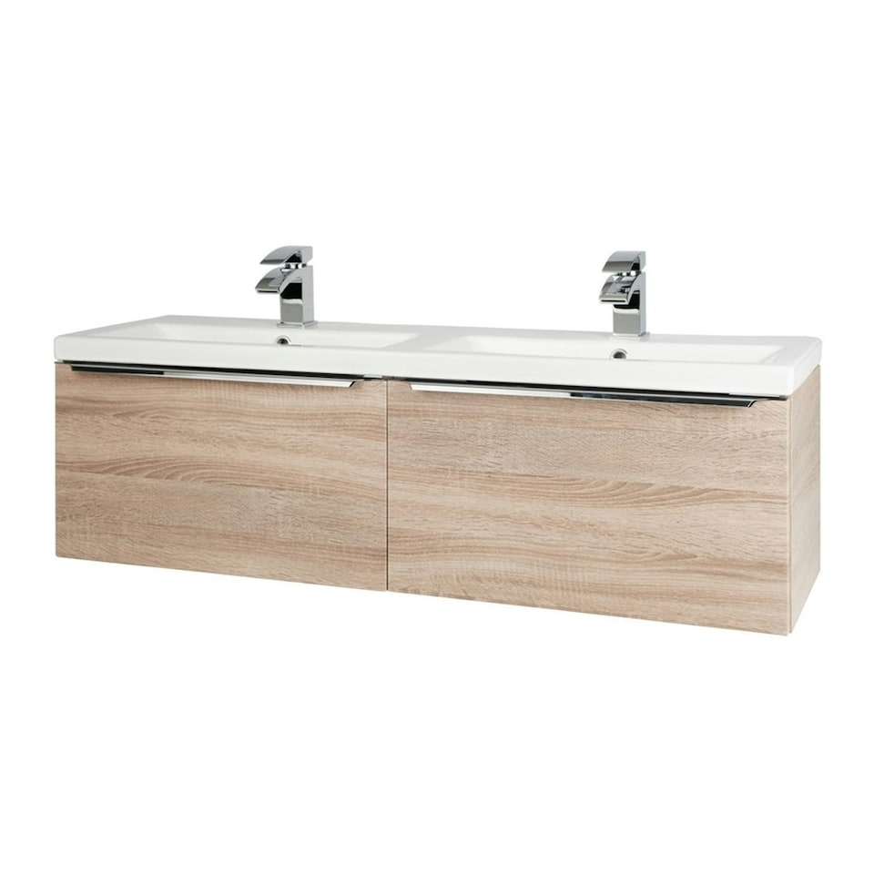 image 1 of 1200mm Bathroom Wall Mounted Drawer Unit and Twin Ceramic Basin Sonoma Oak (Central) - Brassware Not Included | Brown | Brown | 1