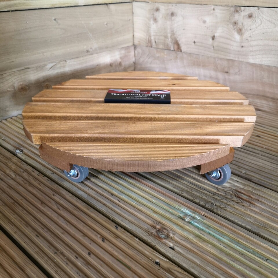 image 1 of Tom Chambers Handcrafted Heavy Duty Round Traditional Wood Garden Patio Plant Flower Pot Stand Caddy Trolley Dolly on Strong Metal Castor Wheels Large 50cm Brown