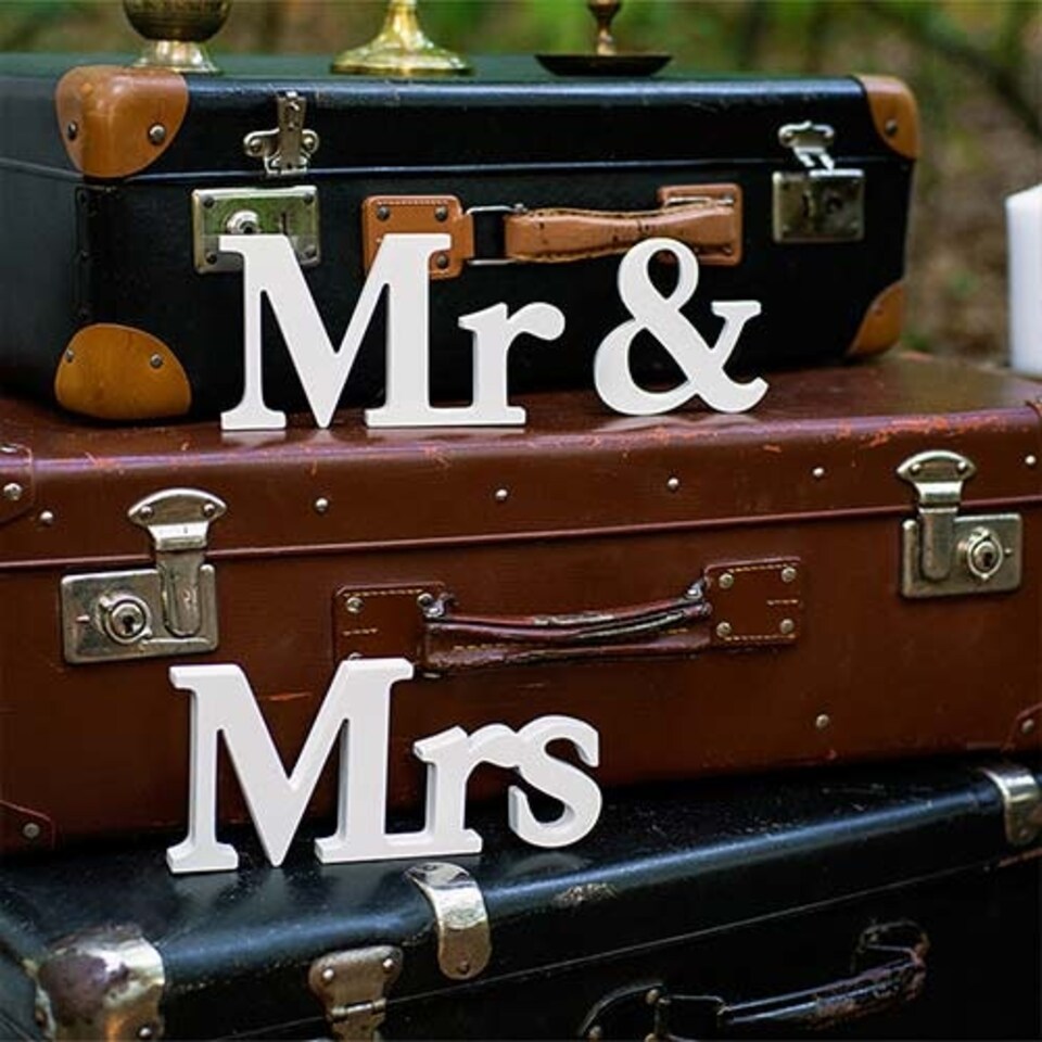 image 1 of Mr & Mrs White Wooden Letters Standing Wedding Centrepiece Decoration