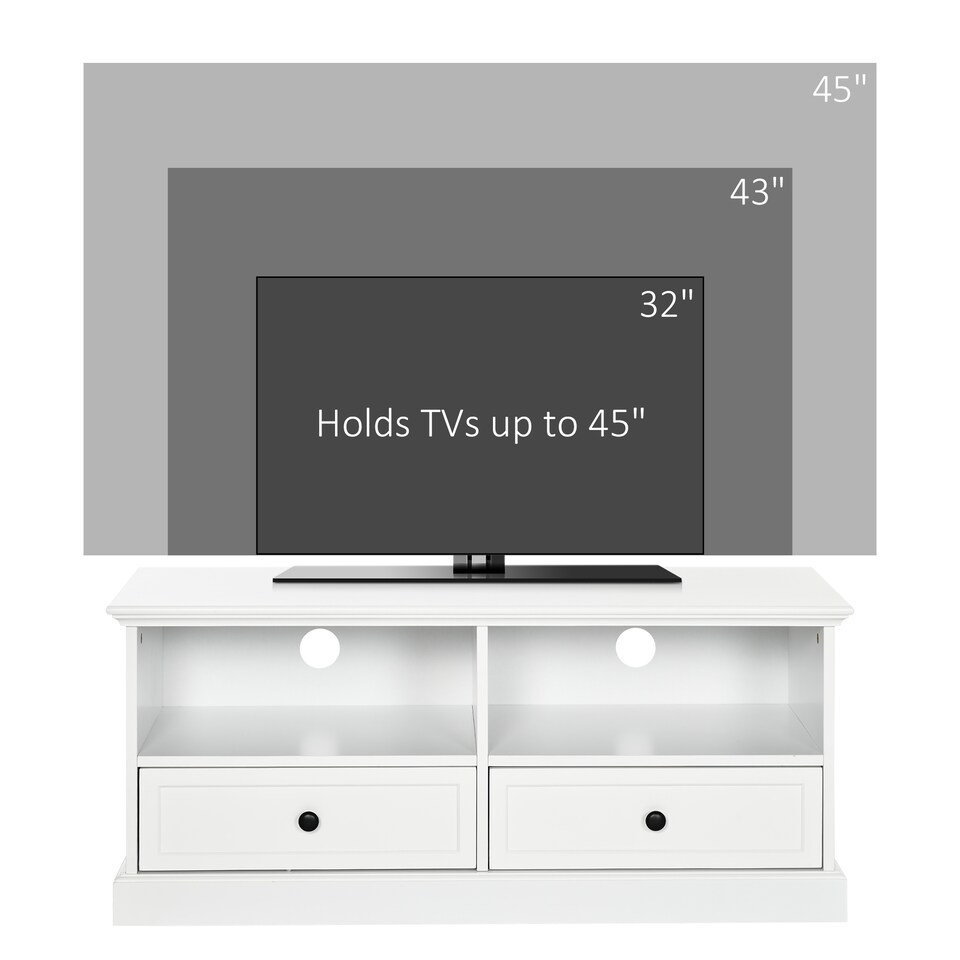 image 1 of HOMCOM Modern TV Unit Cabinet for TVs up to 45 Inches, TV Stand with Drawers, Open Shelves, Cable Holes for Living Room, White