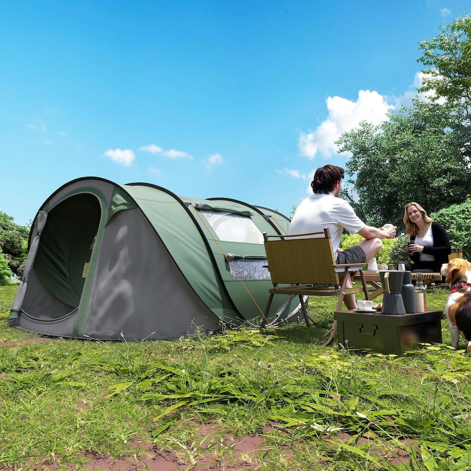 image 1 of Outsunny Camping Tent Dome Pop-up Tent  with Windows for 4-5 Person Dark Green