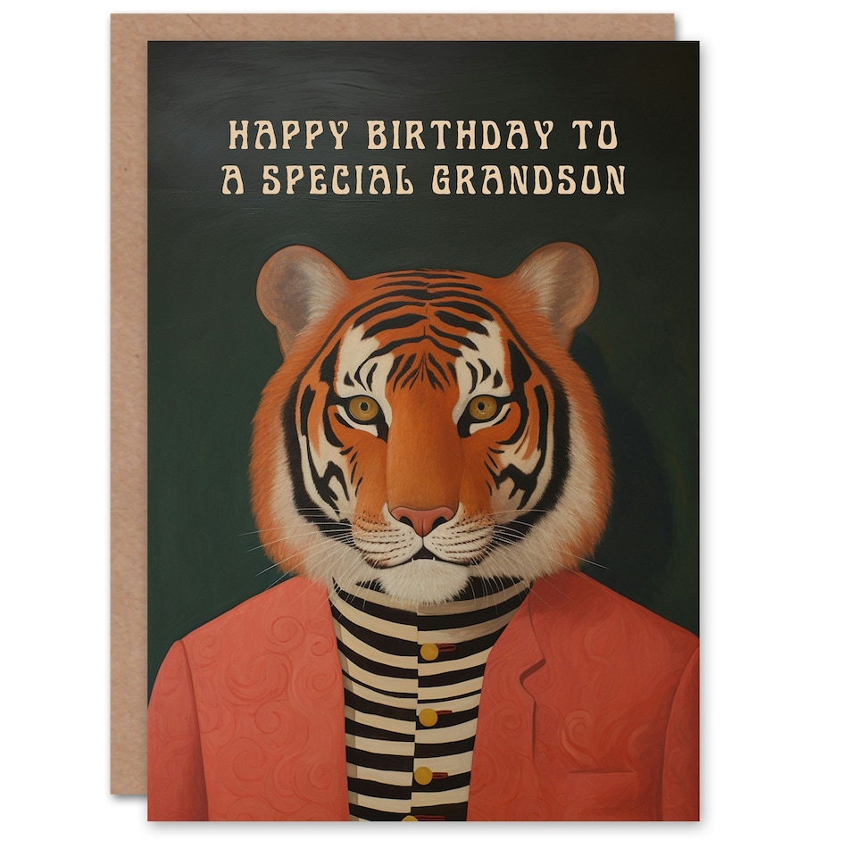 image 1 of Special Dapper Cool Hipster Fashion Fun Tiger Grandson Birthday Card
