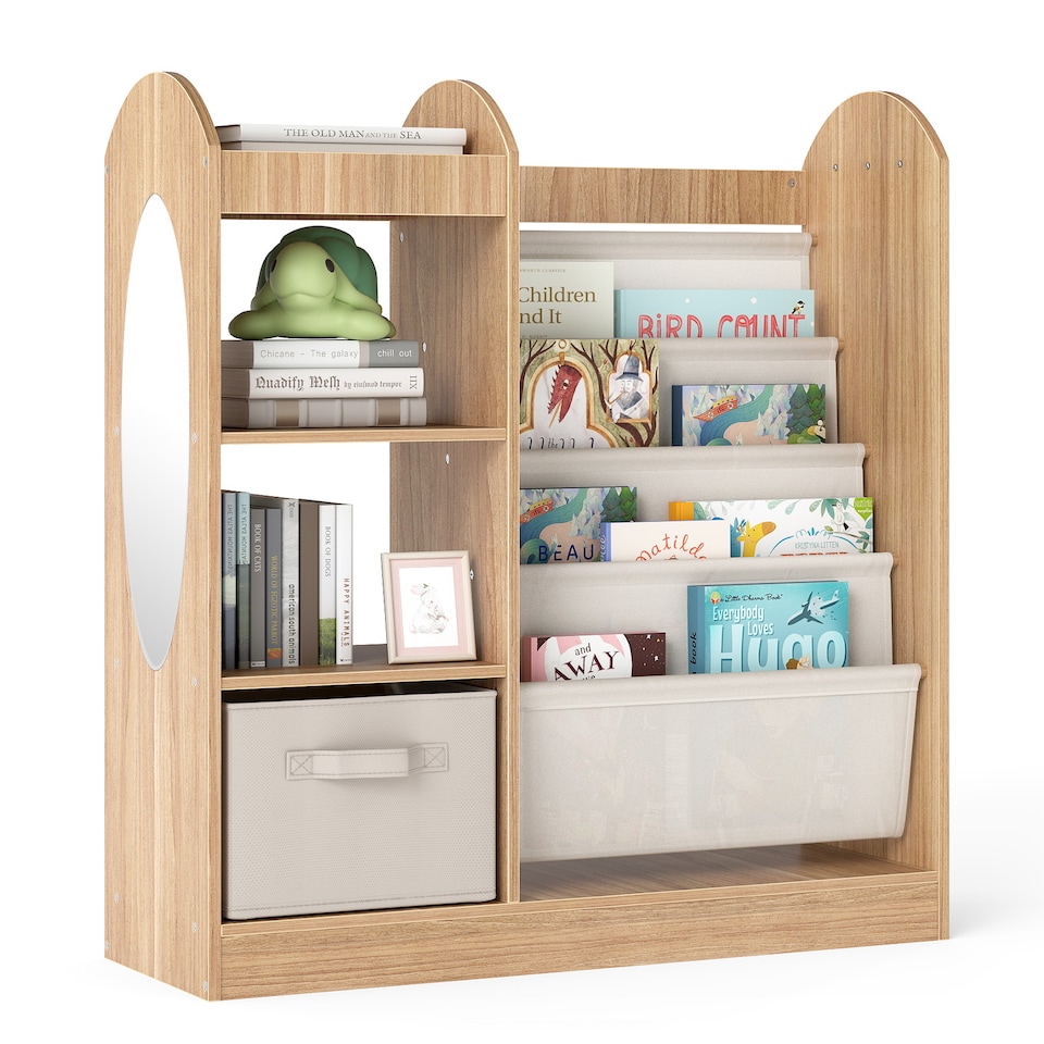 image 1 of COSTWAY Kids Bookshelf Mirror Toy Storage Organizer with Full-Length