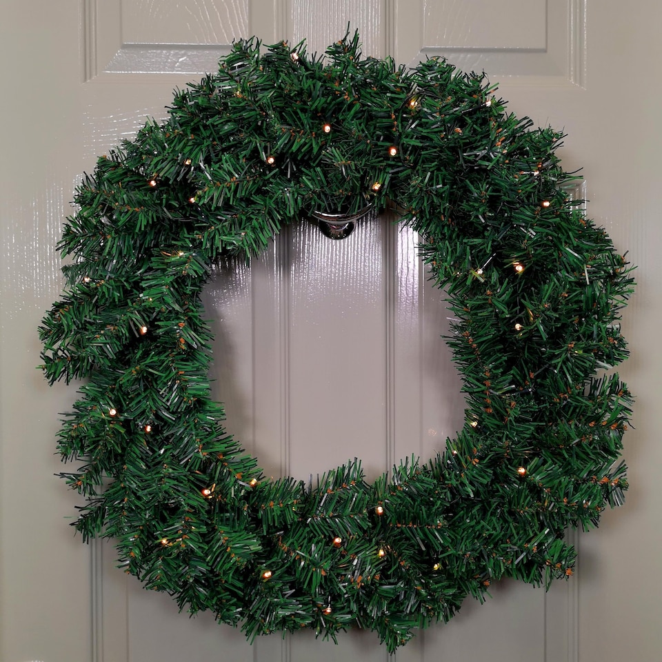 image 1 of 60cm Pre Lit Plain Green Christmas Wreath with Warm White LEDs and 160 Tips