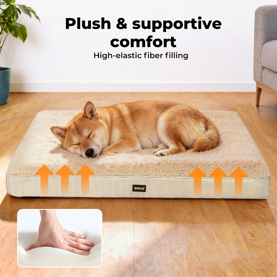 image 1 of Skylos Dog Bed Washable Pet Cushion Cage Mattress Crate Mat Non Slip Soft Fleece | Cream | M | M