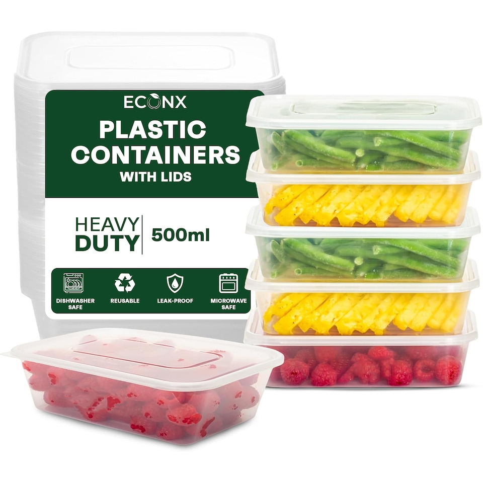 image 1 of ECONX 500ml Plastic Food Storage Containers With Lids Microwave & Freezer Safe Takeaway Reusable Food Containers x 100pk