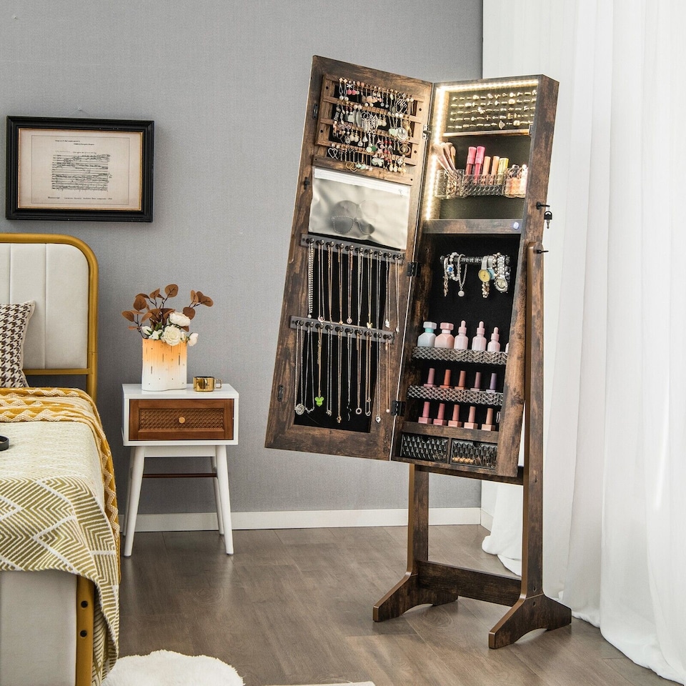 image 1 of COSTWAY Standing Jewelry Cabinet Jewelry Armoire w/ LED Lights Coffee