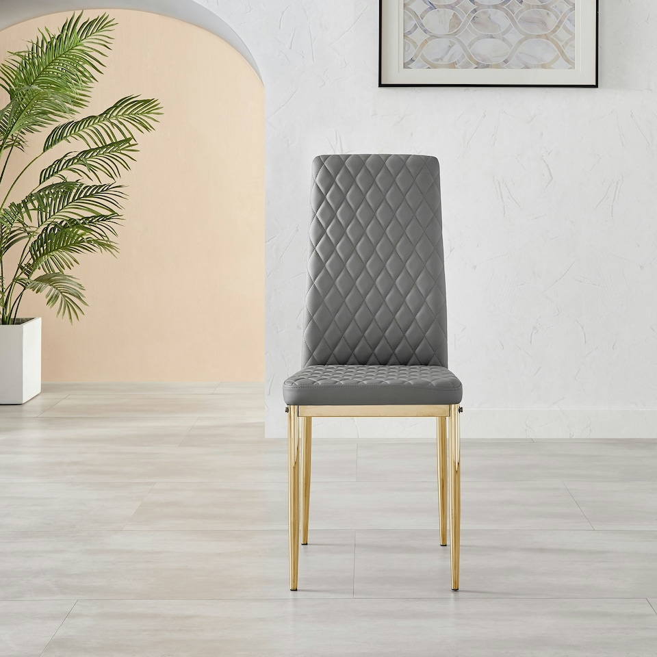 image 1 of Furniturebox 4x Milan Grey Gold Hatched Faux Leather Dining Chairs