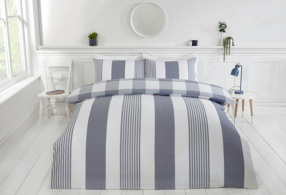 image 1 of PH Chambray Stripe Duvet Cover Set with Pillowcase | Blue | Single | 1