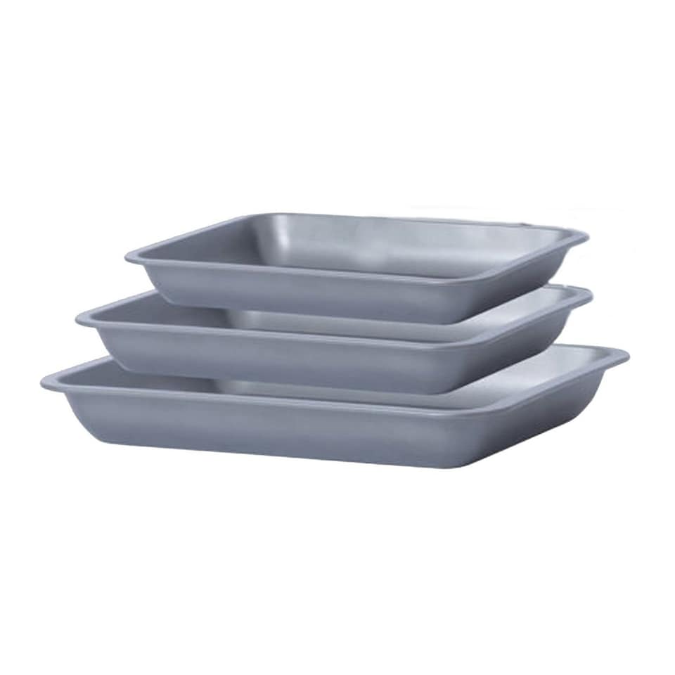 image 1 of Non-Stick Space Saving 3 Piece (35cm x 31cm x 28cm) Roaster Baking Tray Set Silver