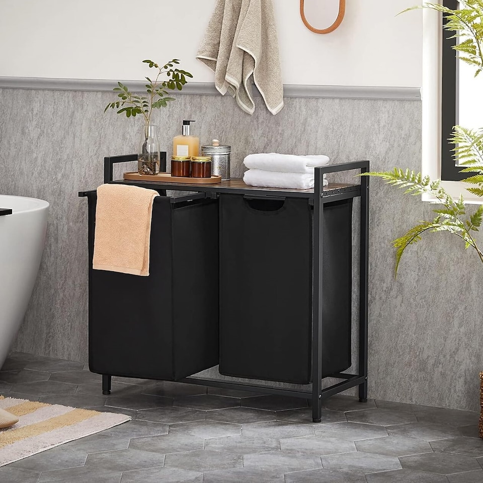 image 1 of Laundry Sorter with 2 Removable Liner Bags, Pull-Out Hampers and Storage Shelf, Rustic Brown and Ink Black