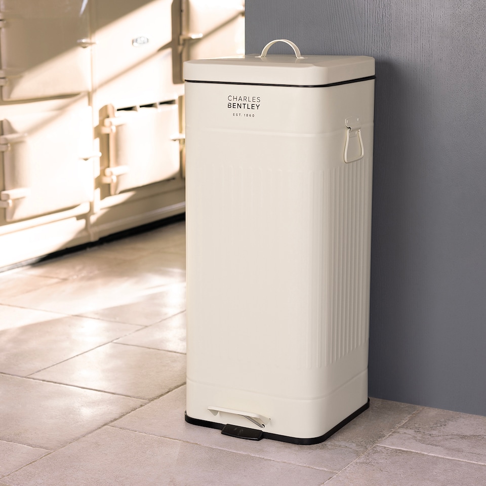 image 1 of Charles Bentley 30L Steel Square Retro Kitchen Pedal Waste Bin Cream