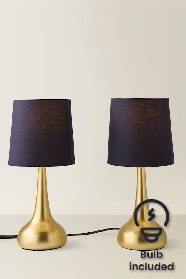 image 1 of ValueLights Teardrop Pair Gold Touch Table Lamp Navy Shade and Bulb