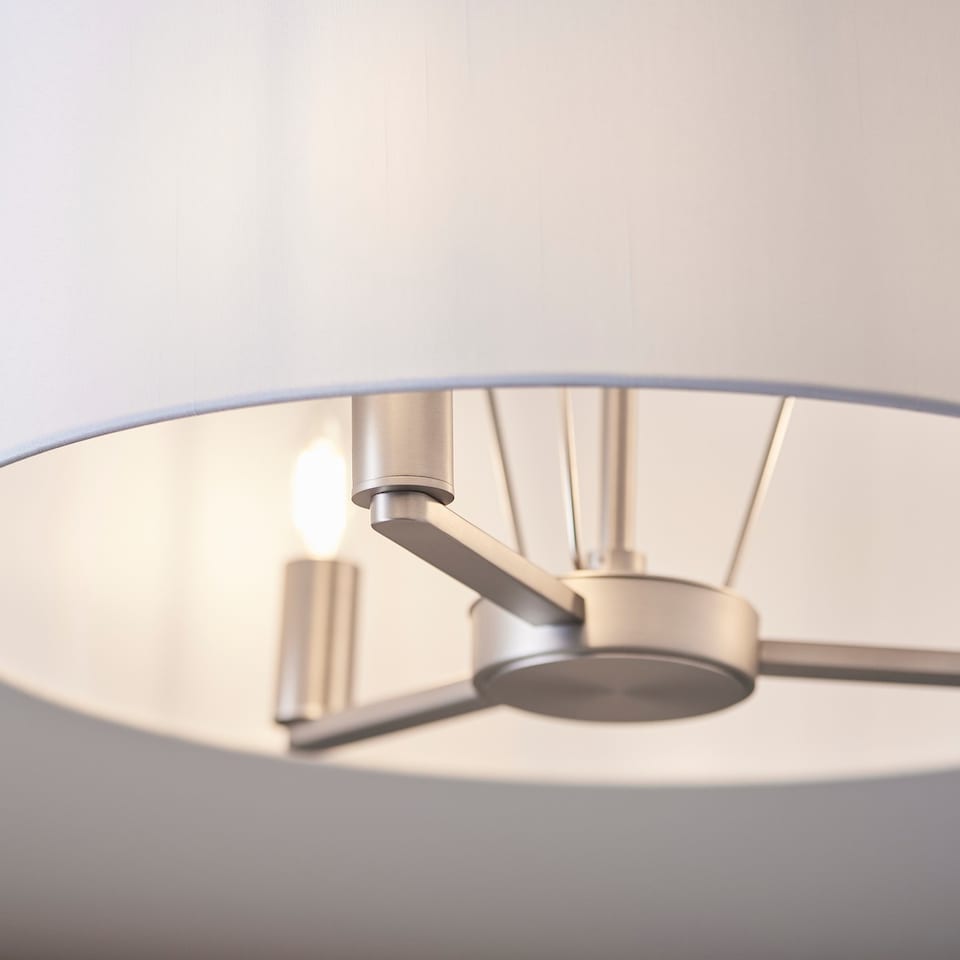 image 1 of Daley 3 Light Multi Arm Ceiling Pendant Matt Nickel, Cylindrical Vintage White Silk Effect Shade, E14