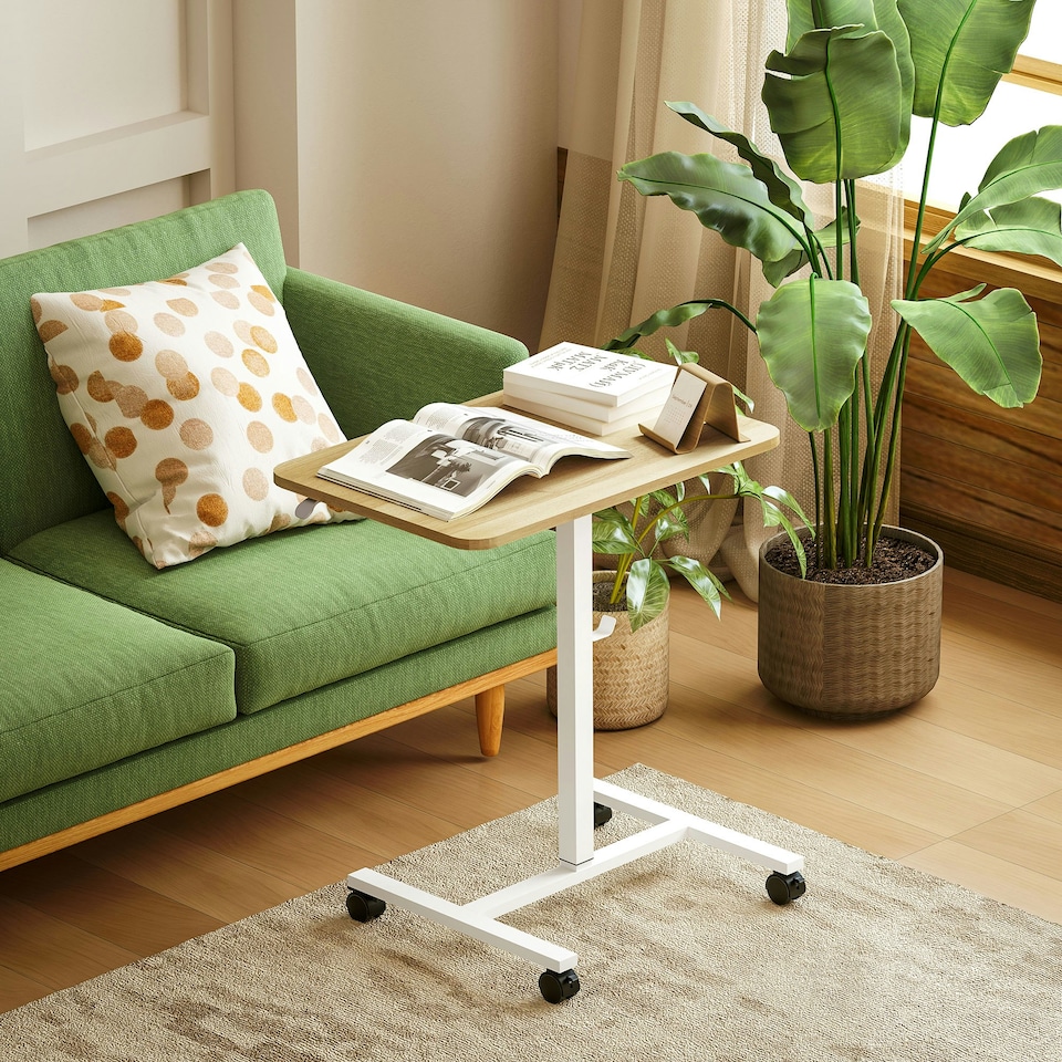 image 1 of HOMCOM Standing Desk Mobile Overbed Table w/ Wheels for Home Office Natural