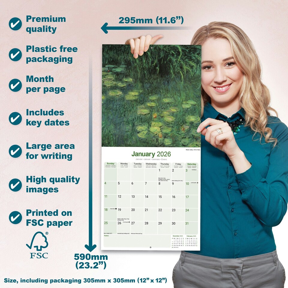 image 1 of Monet 2026 Calendar | Square Wall Calendar | Art & Artist Gift | Plastic Free Packaging | by Avonside Publishing