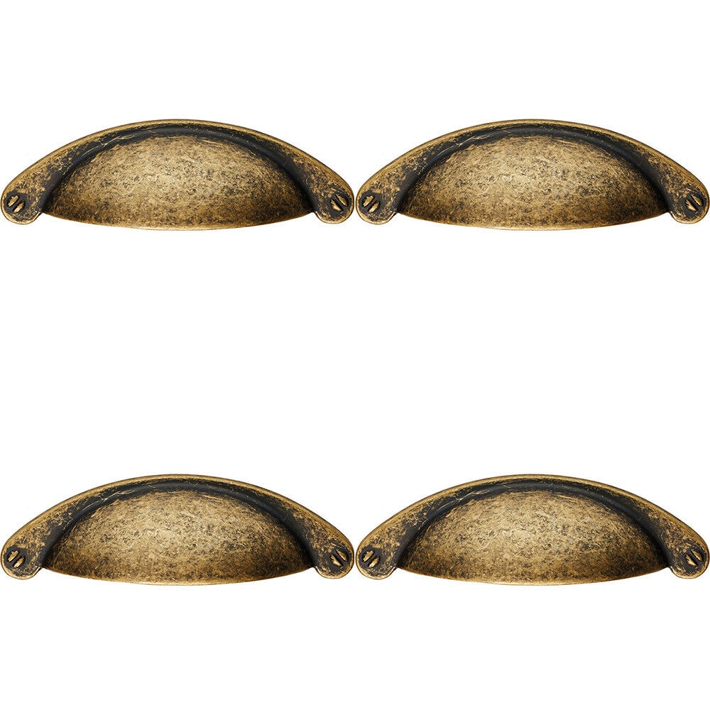 Loops 4x Traditional Cup Pull Handle 104 x 26mm 64mm Fixing Centres Antique Brass in Metallics