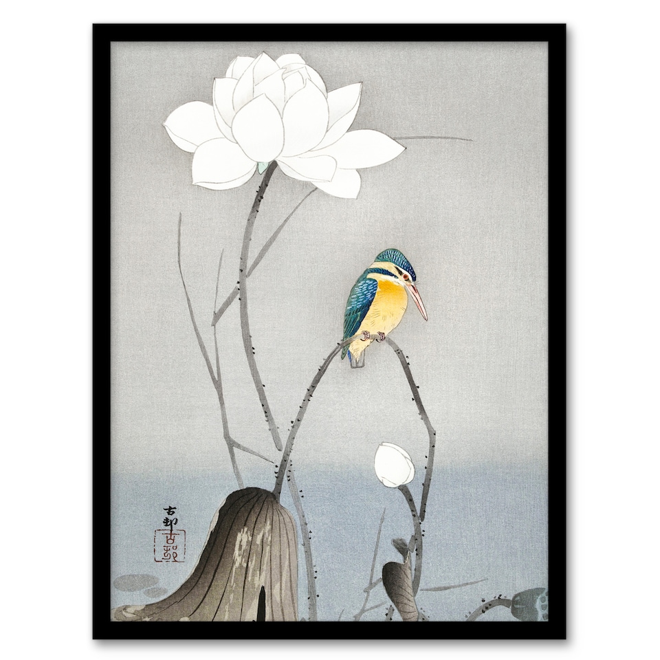 image 1 of Ohara Koson Framed Wall Art Print Kingfisher With Lotus Flower Home Décor