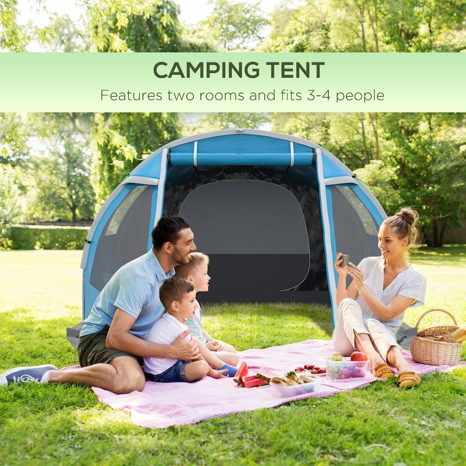 image 1 of Outsunny 3-4 Persons Tunnel Tent, Two Room Camping Tent w/ Windows, Black
