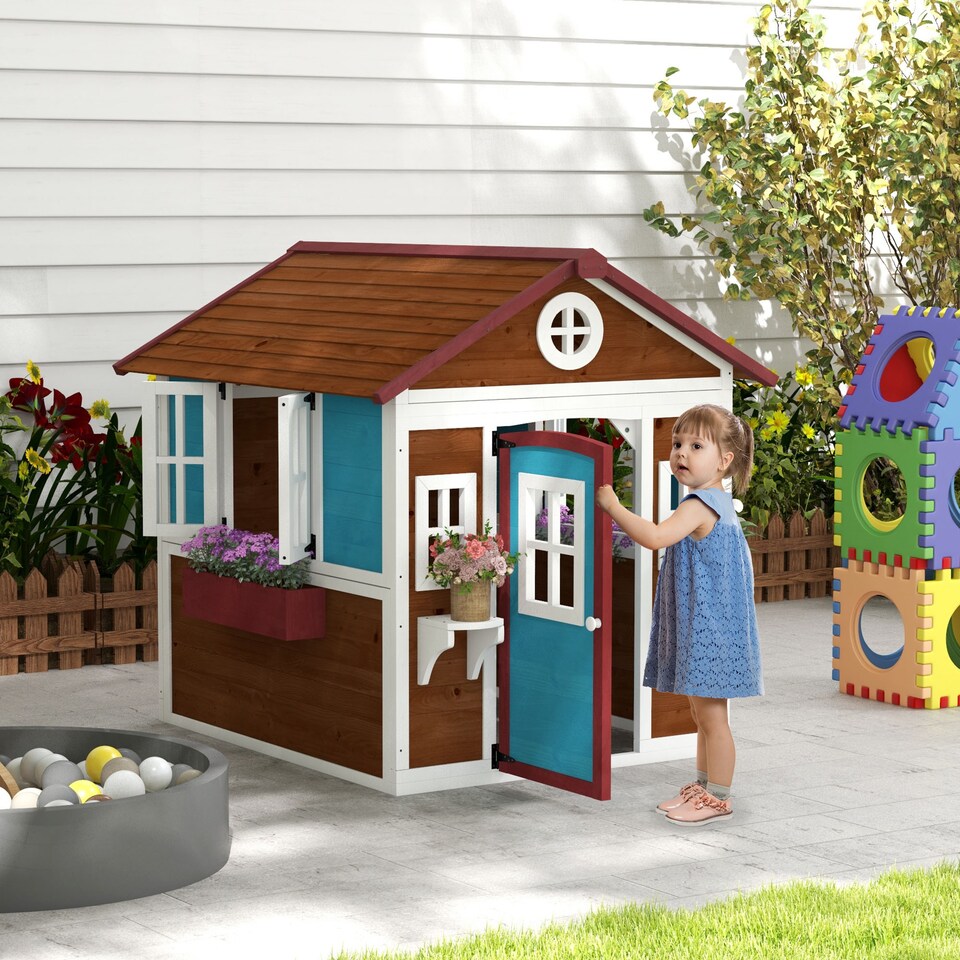 image 1 of Outsunny Wooden Playhouse for Kids Outdoor Wendy House with Doors, Windows, Plant Pots, Boxes, for 3-8 Years - Dark Brown | Brown | Dark brown