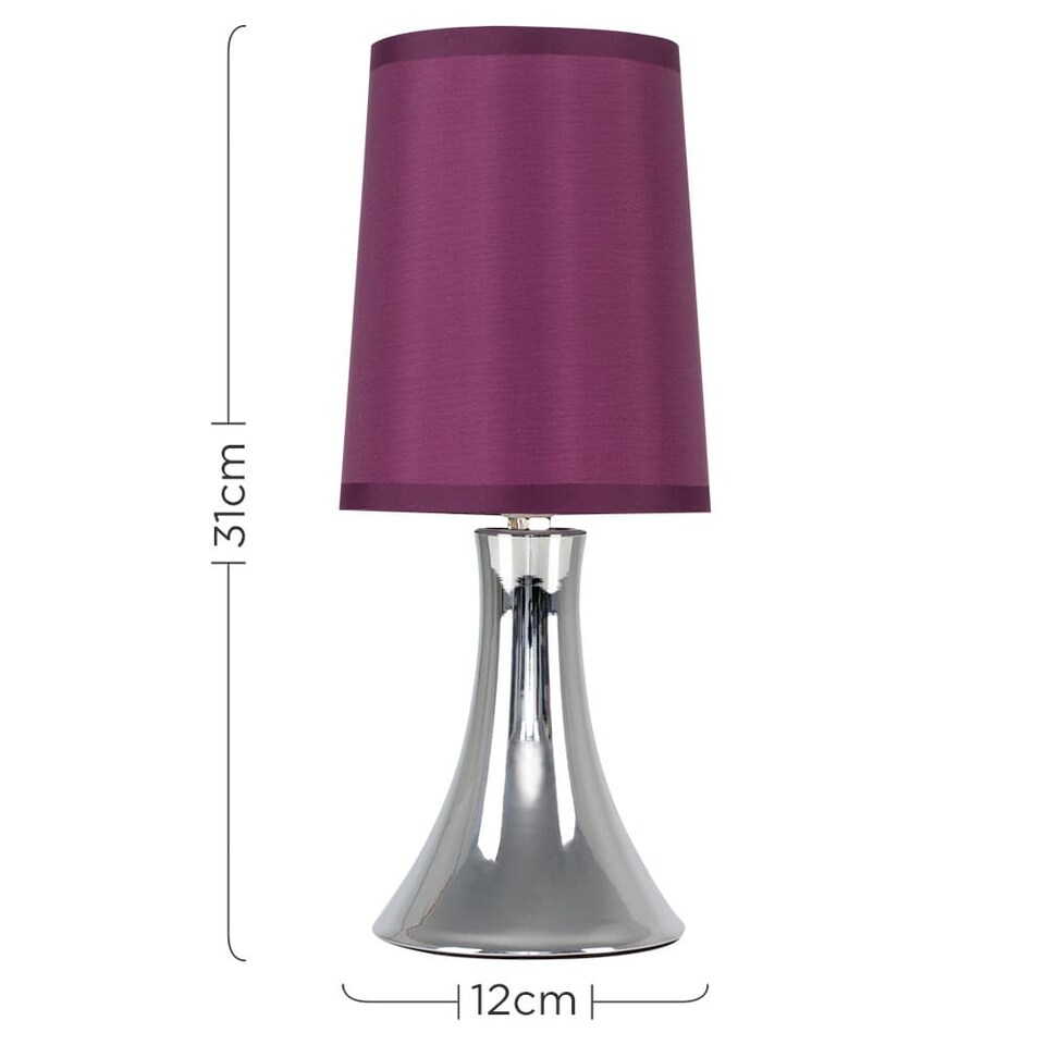 image 1 of ValueLights Small Trumpet Touch Table Lamp Chrome Purple Shade & Bulb