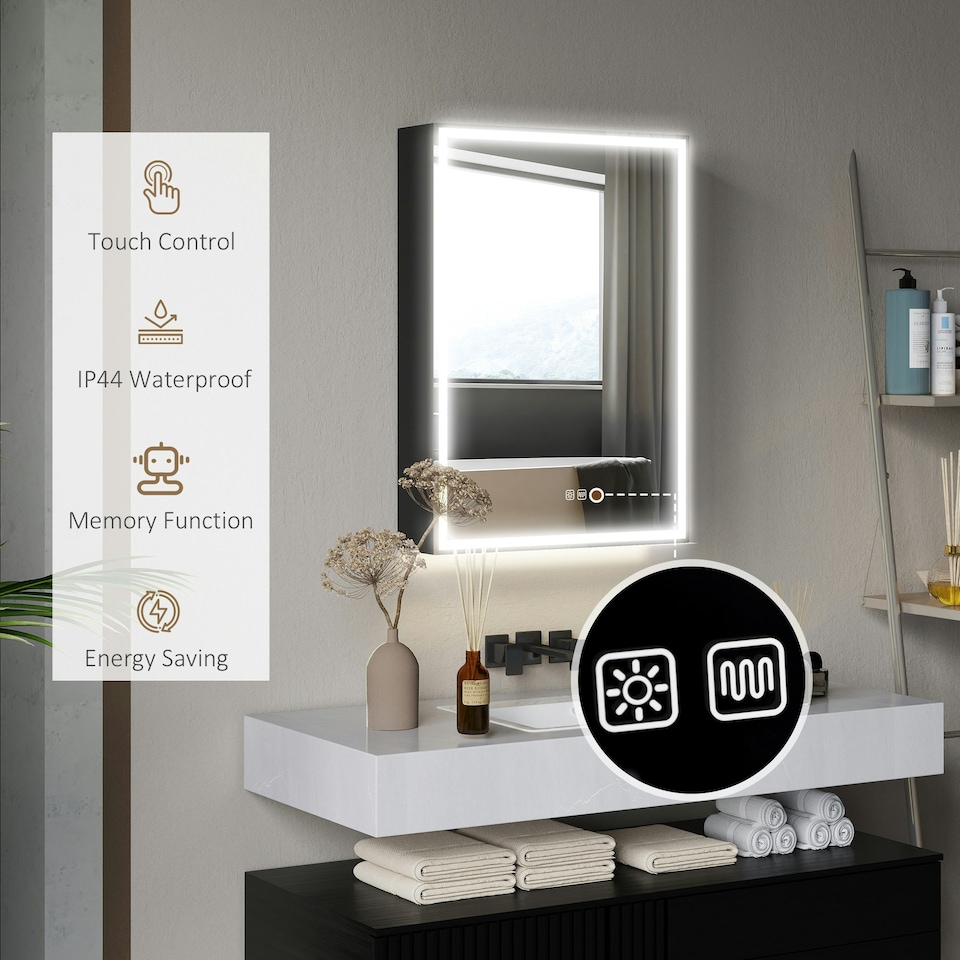 image 1 of HOMCOM Bathroom Cabinet with Mirror, LED Lights and Demister Pad, Black Black